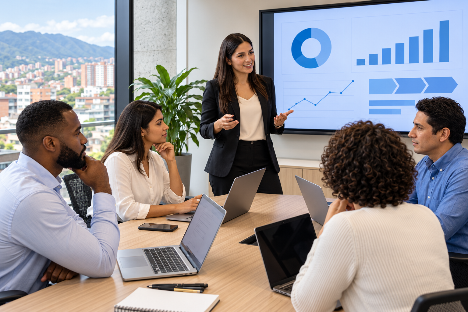 Taller empresarial ilustrativo con participantes usando portátiles